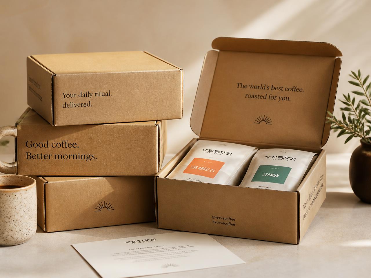 Kraft subscription boxes packed and ready to ship on a warm studio table